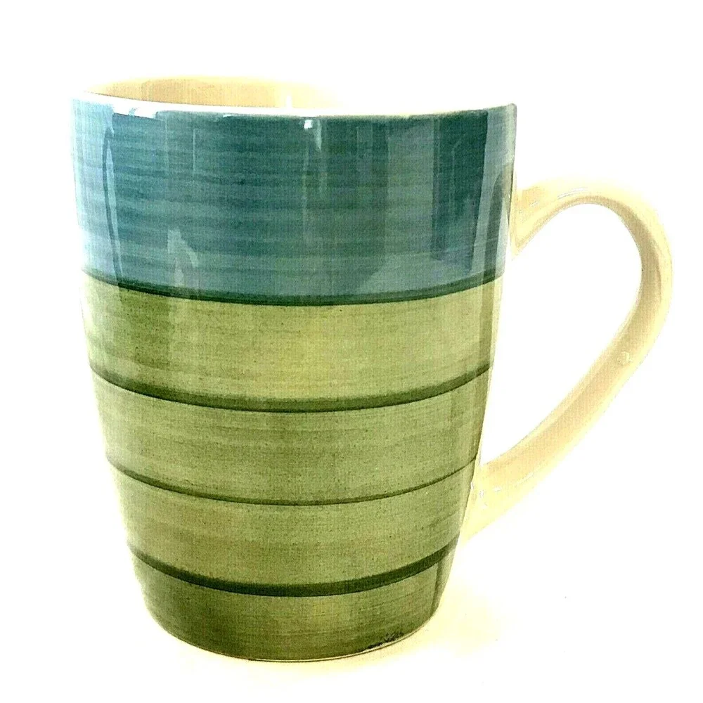 Pier 1 Stoneware Mugs Coffee Tea 4 Set RETIRED Stripe Blue Green Cabincore Beach